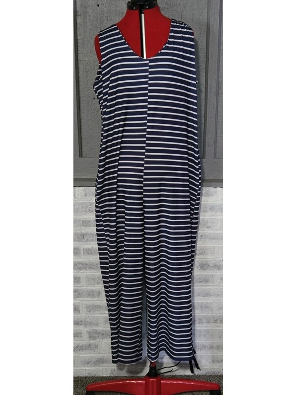 Women's Blue/White Striped V-Neck Sleeveless Knit Jumpsuit Plus Size 2XL